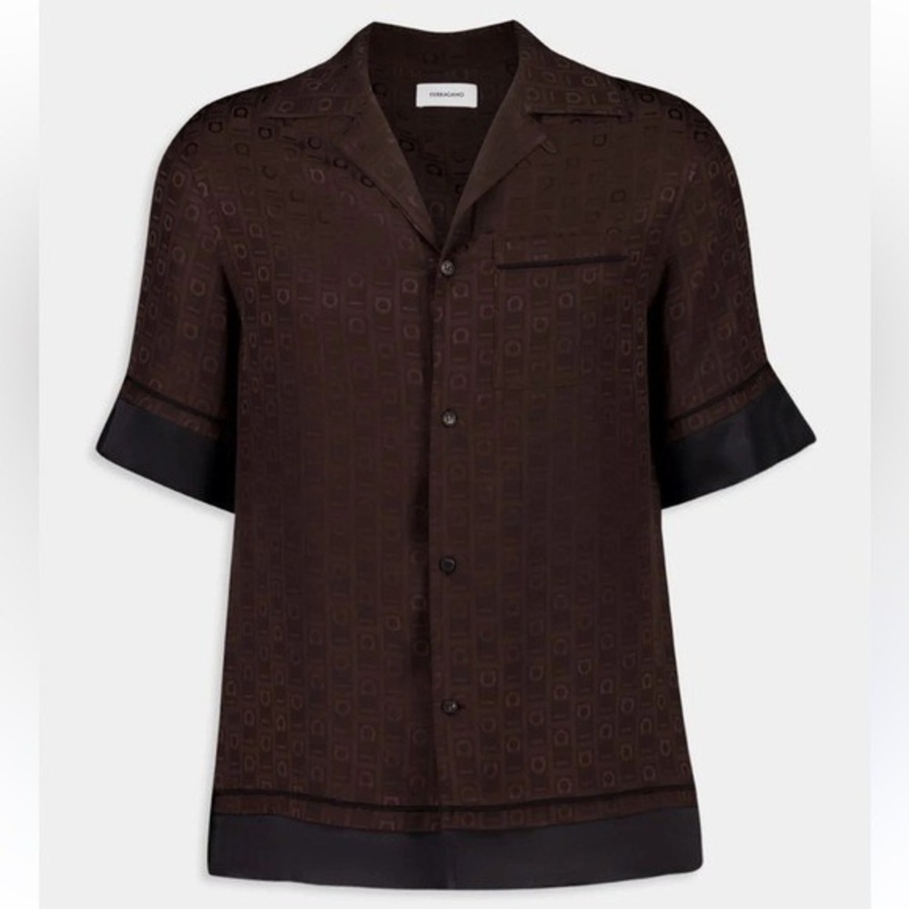 Ferragamo Mens Silk Monogram Short Sleeve Shirt Espresso Brown Gancini M 14 4720